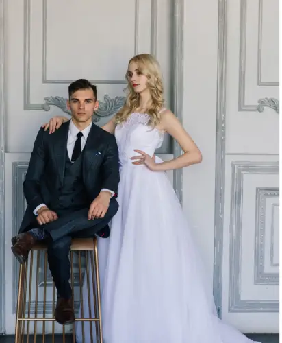 wedding suit and dress