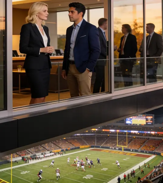 Executives and business professionals in a VIP hospitality suite overlooking a football stadium.