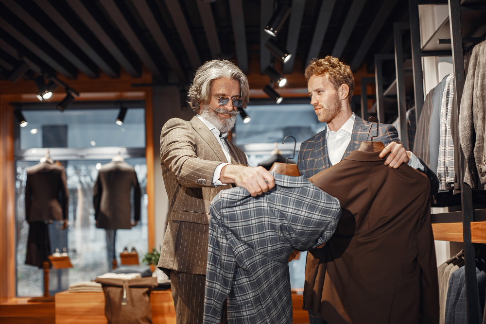 Left side: Personal shopper assisting a client in a luxury clothing store, holding garments and shopping bags.