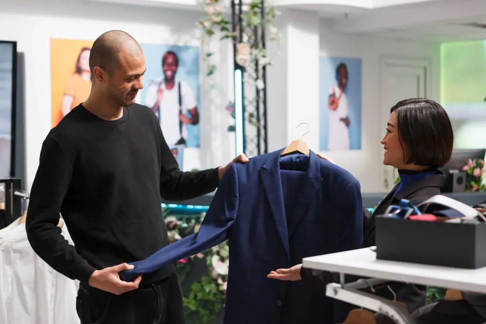 Personal shopper assisting a client with clothing selection in a retail store.