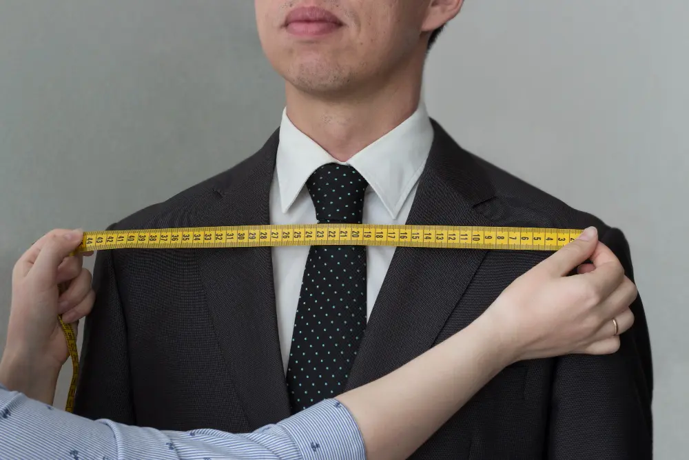 Professional tailor measuring a luxury suit jacket for clothing alterations by Near Tailors UAE